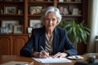 Femme élégante signant un document dans un bureau chaleureux