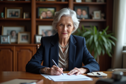 Femme élégante signant un document dans un bureau chaleureux