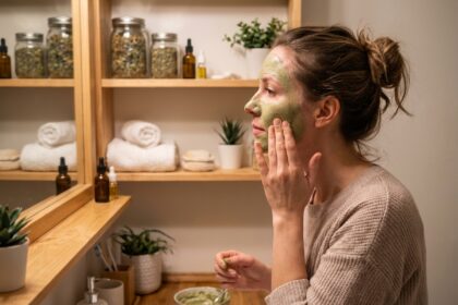 Femme appliquant un masque facial naturel dans sa salle de bain