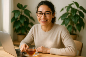 Femme souriante portant des lunettes élégantes dans un bureau lumineux