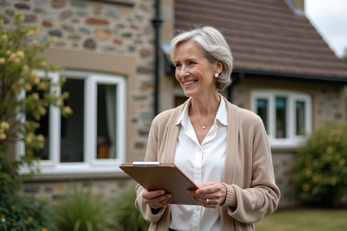 Femme souriante devant une maison de banlieue avec un carnet