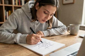 Jeune femme dessinant une grille de morpion sur un bloc-notes avec un stylo, stratégie de jeu