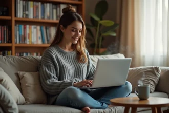 Femme consultant un site de streaming de films sur un laptop dans un salon cosy avec une tasse de thé