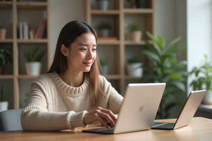 Jeune femme compare trois tablettes Samsung dans un intérieur lumineux