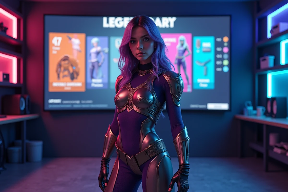 Jeune femme en tenue Fortnite légendaire devant un écran affichant un classement de skins par rareté