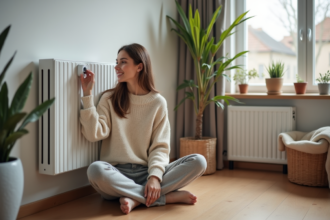 Jeune femme ajustant le thermostat dans un salon moderne