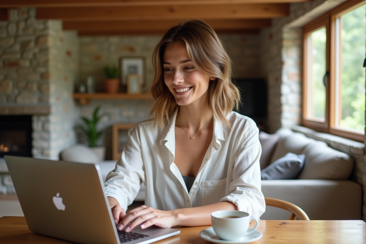 Jeune femme travaillant sur ordinateur dans salon lumineux
