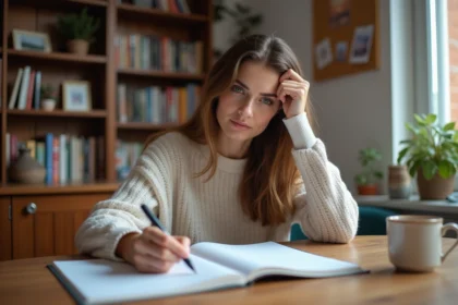 Jeune femme française réfléchissant à un cahier de grammaire
