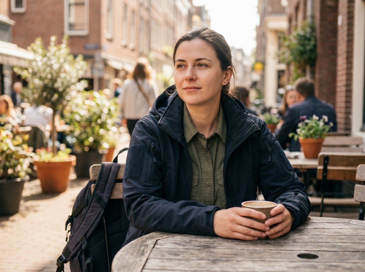 Femme portant une veste softshell tactique marine attablée à une terrasse de café, démontrant que les vêtements tactiques peuvent être portés confortablement au quotidien