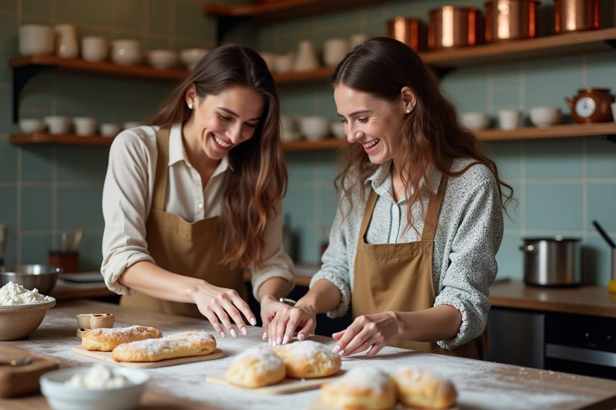 Deux femmes préparant des pâtisseries dans une cuisine parisienne