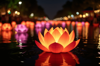 Festival Loy Krathong de nuit en Thaïlande avec lanternes flottantes
