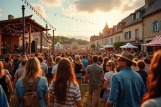 Foule animée au Festival Luynes 2026 avec décors américains et scène en bois sous un ciel de fin d'après-midi
