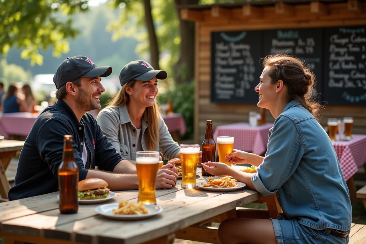 Groupe d'amis partageant des burgers et bières artisanales dans l'espace restauration du Festival Luynes avec le château en arrière-plan