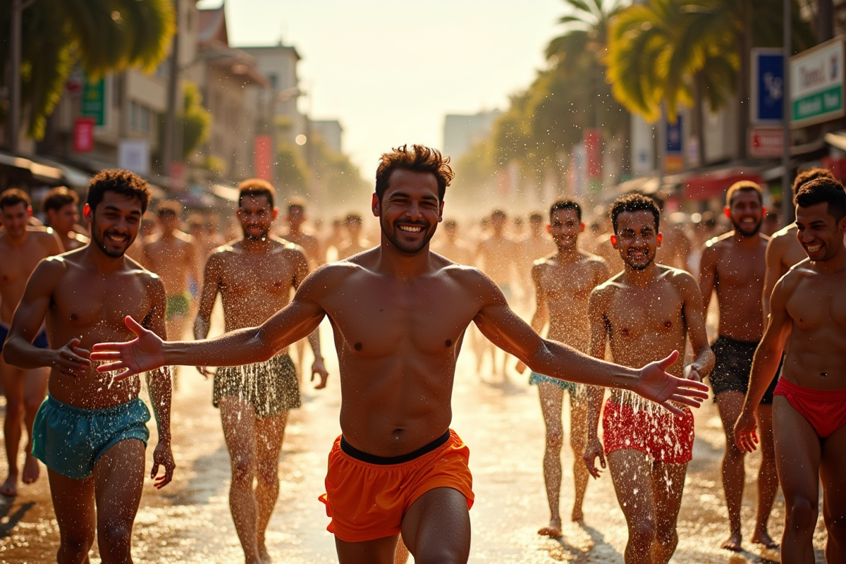 Festival Songkran en journée avec personnes qui s arrosent d eau en Thaïlande