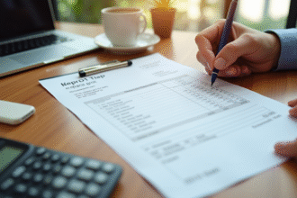 Feuille de paie sur un bureau moderne avec calculatrice et mains