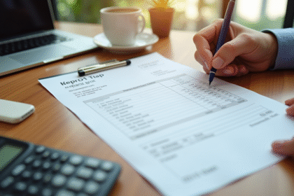 Feuille de paie sur un bureau moderne avec calculatrice et mains