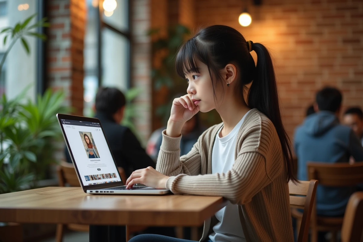 Adolescente au café regardant son ordinateur portable