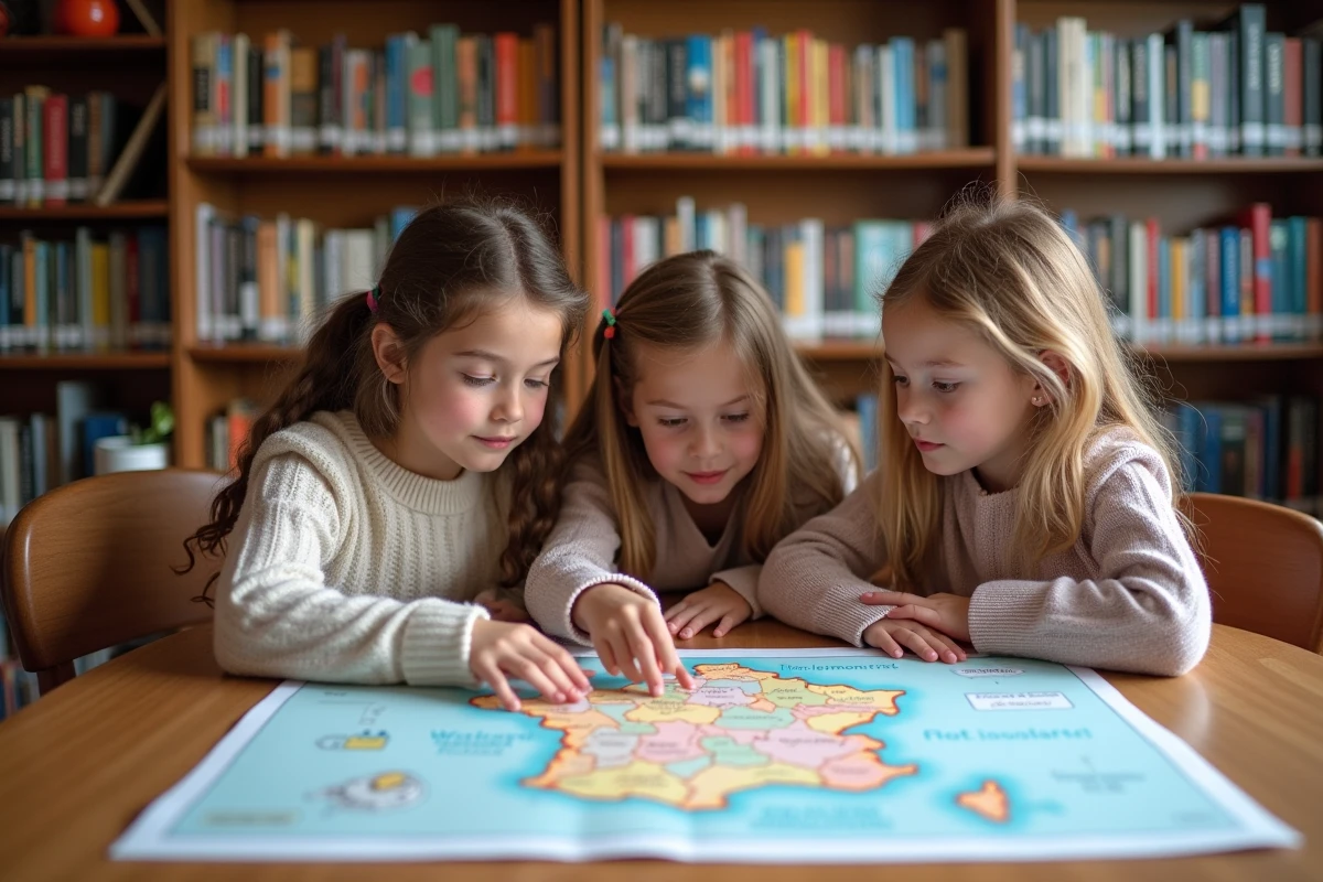 Groupe de filles discutant autour d une carte de France
