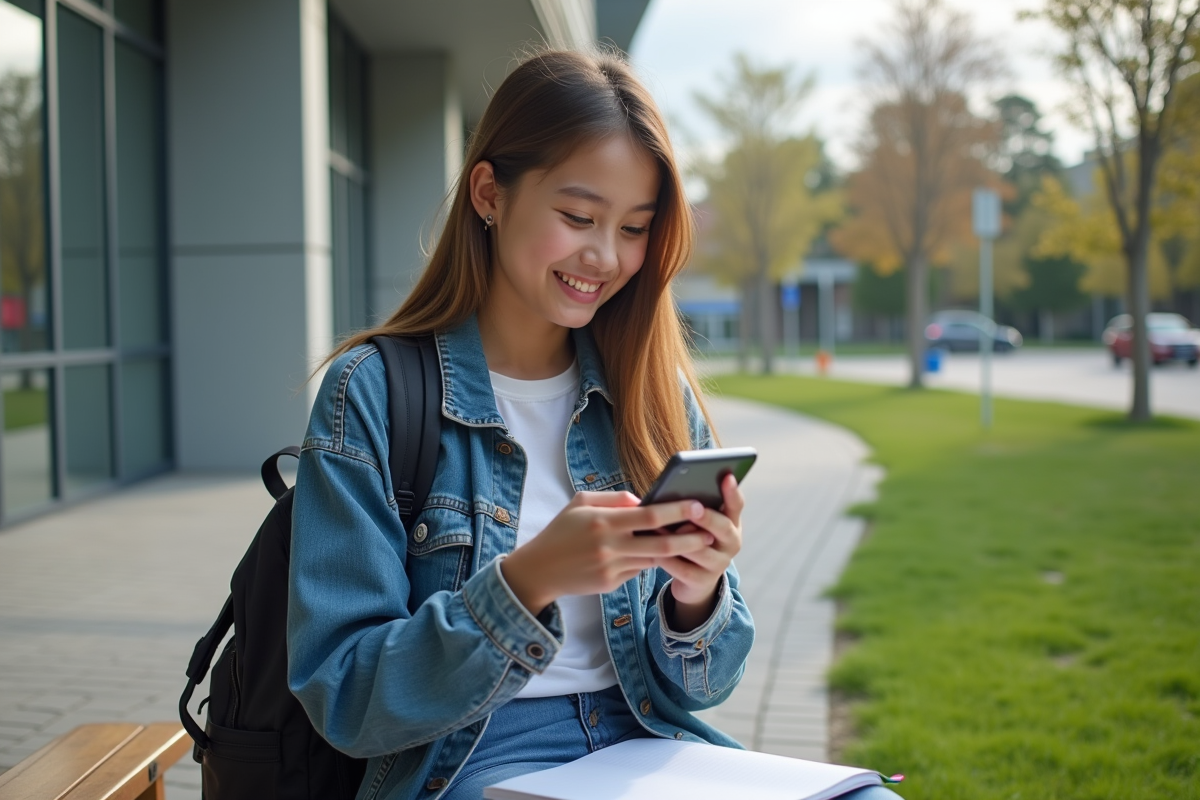 Fille assise dans la cour scolaire regardant son smartphone