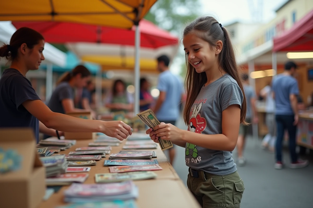 Fille échangeant des codes Pokémon au marché en plein air