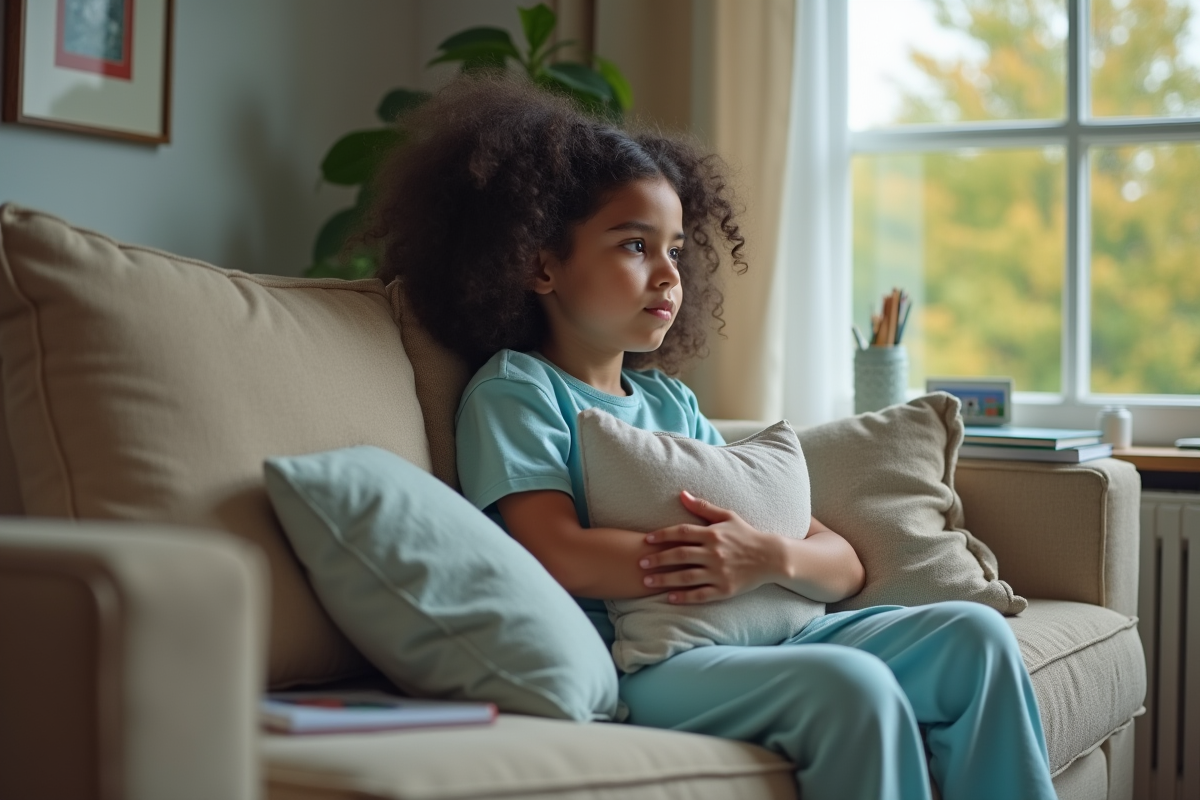 Fille de 12 ans assise sur un canapé à la maison