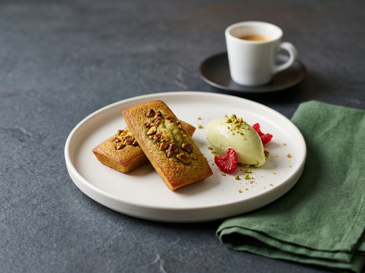 Assiette raffinée de financiers à la pistache avec quenelle de glace et framboises sur ardoise, présentation gastronomique maison
