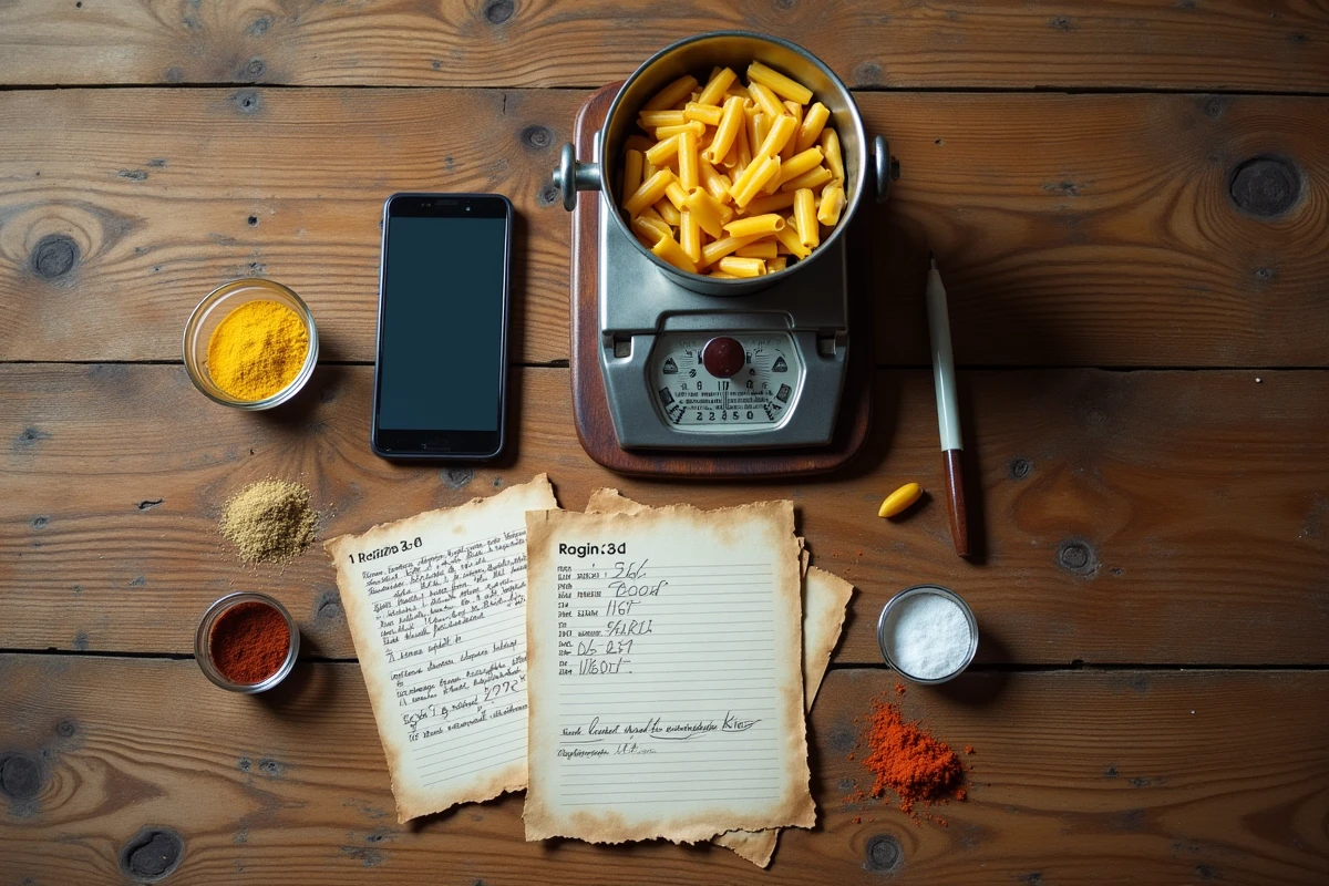 Vue de dessus d'une table de cuisine avec balance mécanique, smartphone affichant une conversion lbs en kg et fiches recettes manuscrites