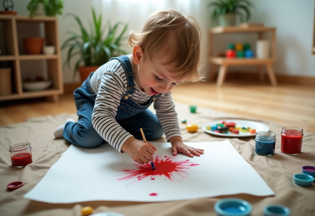 Garçon de trois ans peint sur un grand papier au sol