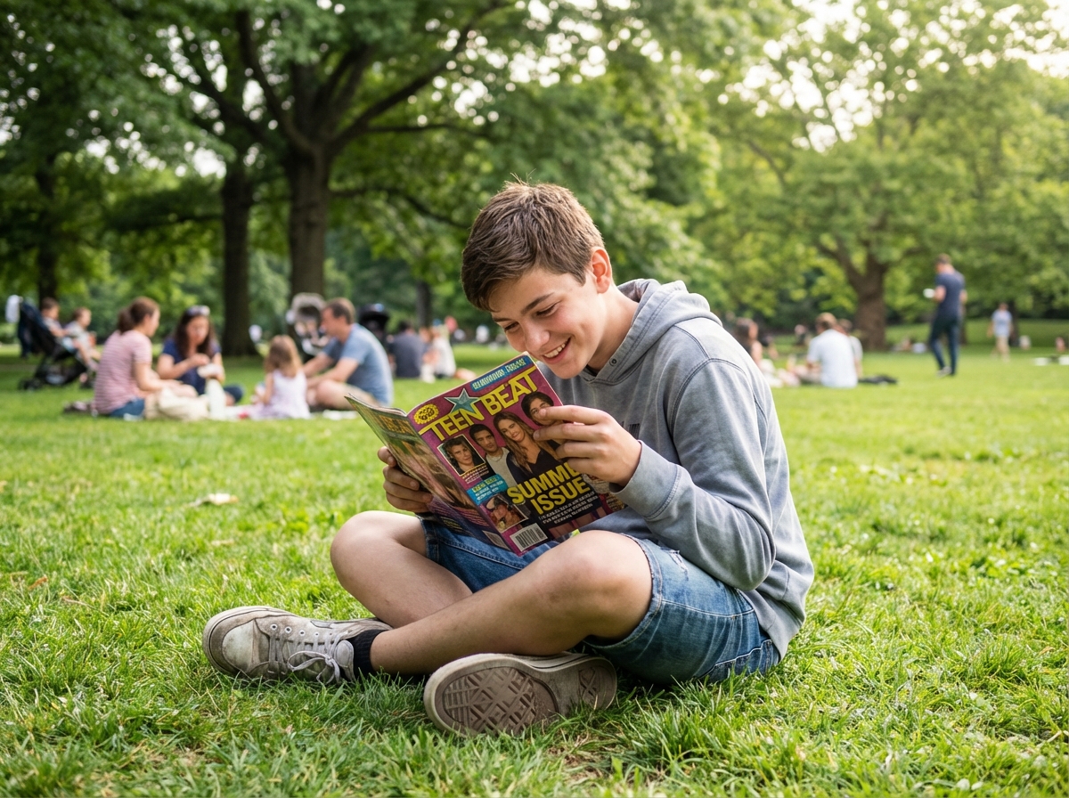 Garçon de 14 ans lisant un magazine dans un parc