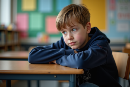 Garçon de 9 ans assis dans un coin de classe pensif
