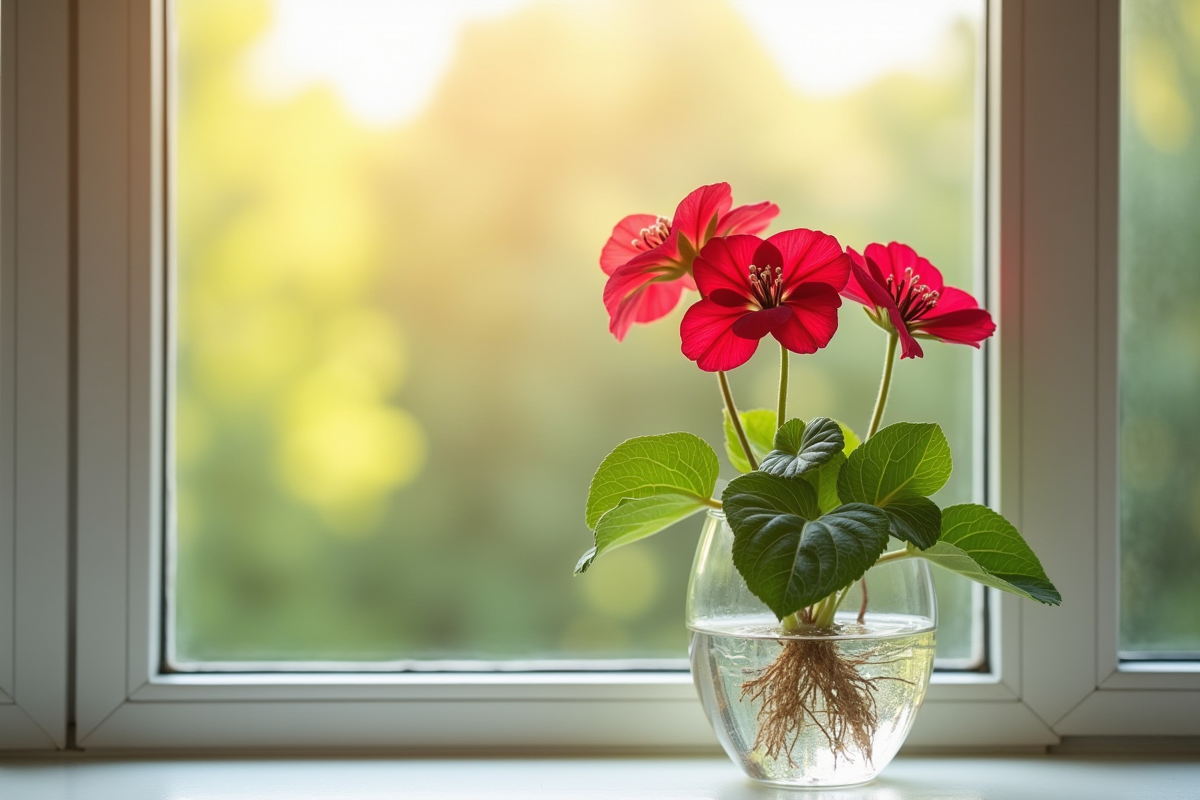 Geranium en eau lumineuse sur une fenêtre ensoleillée