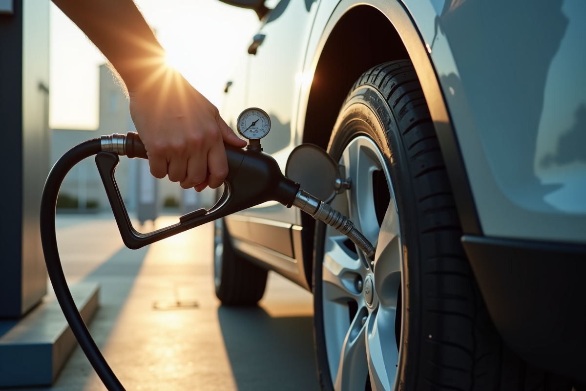 Main gonflant un pneu de voiture avec un manomètre