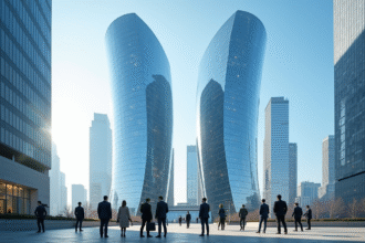 Immeuble moderne avec des gratte-ciel refletant le ciel bleu