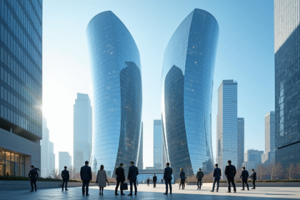 Immeuble moderne avec des gratte-ciel refletant le ciel bleu