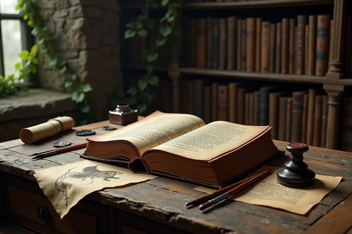 Grimoire fantastique ouvert sur un bureau en bois ancien entouré de parchemins et d'un sceau en cire représentant un renard, ambiance dark fantasy académique du manhwa Fox-Eyed Villain
