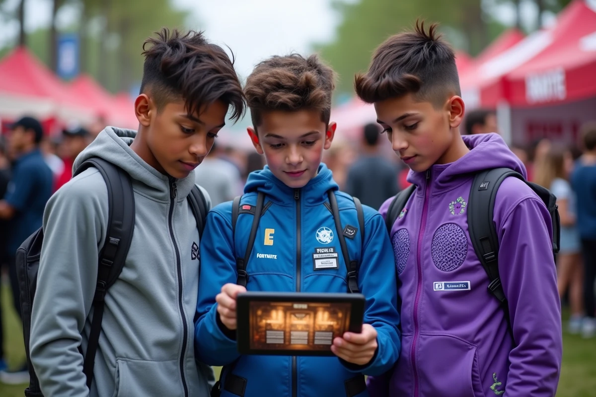 Groupe de trois adolescents en costumes Fortnite de rarités différentes consultant un guide de skins sur tablette