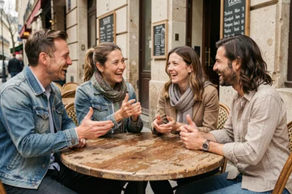 Groupe d'amis adultes réunis autour d'une table de café parisien, riant et discutant dans une ambiance chaleureuse et complice