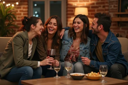 Groupe d'amis qui rient ensemble lors d'une soirée décontractée dans un salon chaleureux