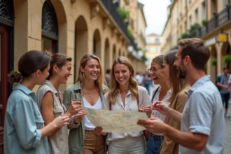 Groupe d'amis joyeux explorant les rues de Bordeaux ensemble lors d'une sortie de groupe animée