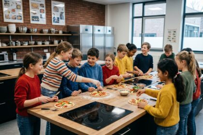 Enfants cuisinant et décorant des mini pizzas en classe