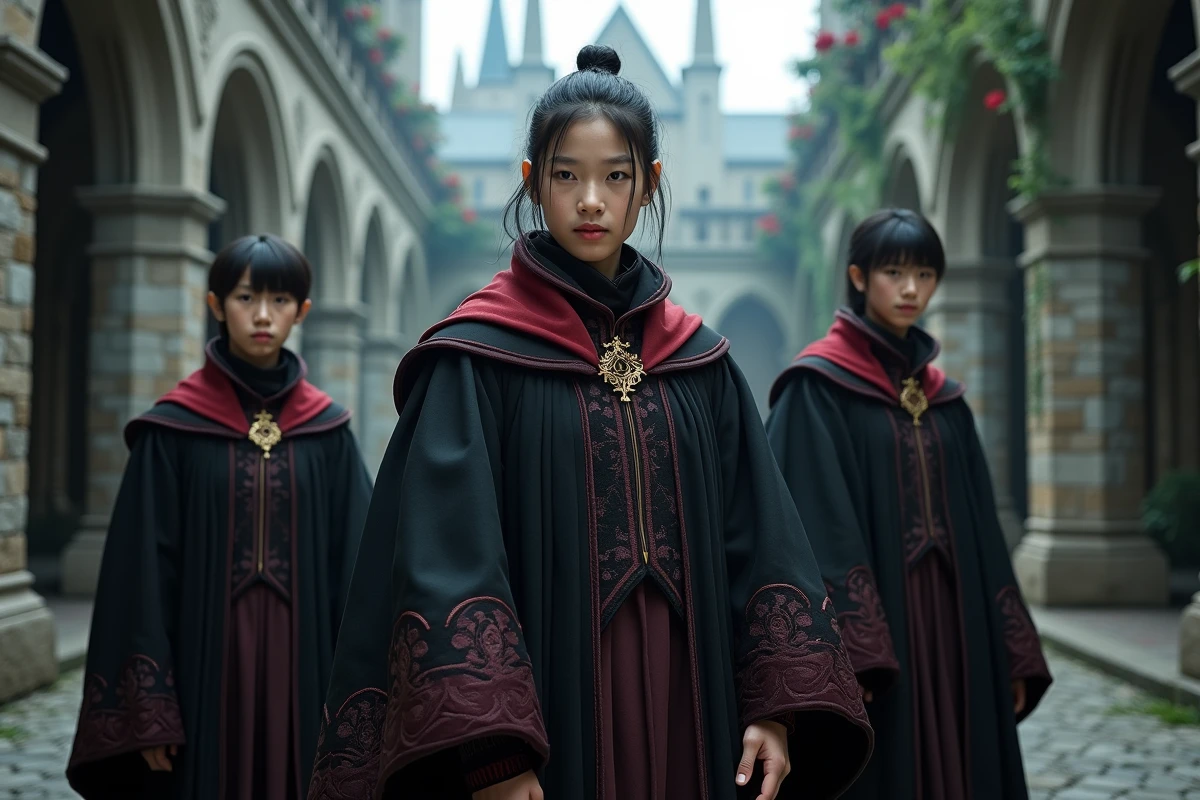 Trois personnages en robes académiques sombres à liserés cramoisis dans une cour gothique aux roses noires, scène de groupe évoquant l'univers dark fantasy du manhwa The Fox-Eyed Villain of the Demon Academy