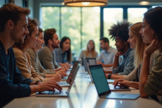 Groupe d'étudiants collaborant sur un intranet moderne