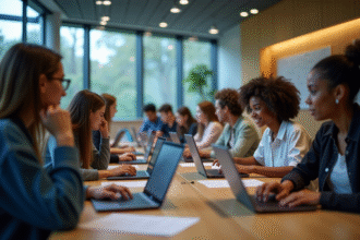 Groupe d'étudiants divers travaillant sur des ordinateurs en classe lumineuse