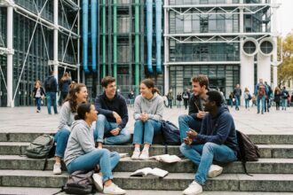 Groupe de jeunes assis devant le Centre Pompidou à Paris