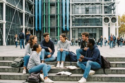 Groupe de jeunes assis devant le Centre Pompidou à Paris