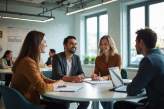 Groupe de professionnels collaborant dans un bureau lumineux