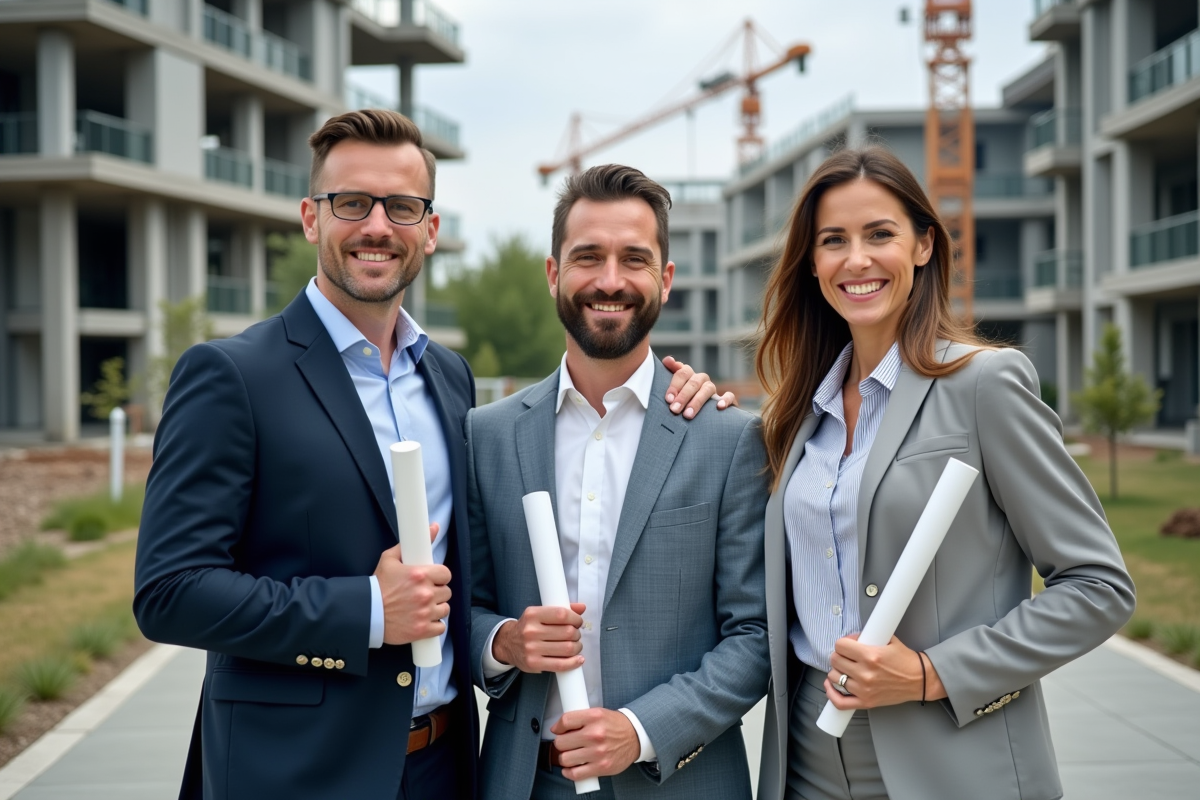 Groupe de professionnels souriants sur un chantier de construction