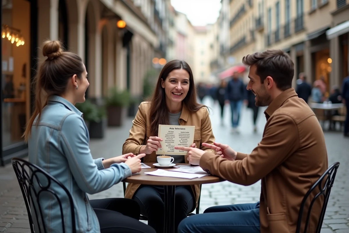 Groupe d'amis jouant à un quiz géographique sur les capitales autour d'une table de café en terrasse