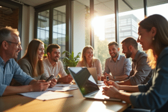 Groupe divers discutant dans un espace coworking lumineux
