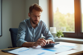 Propriétaire inquiet examinant documents d'évaluation immobilière